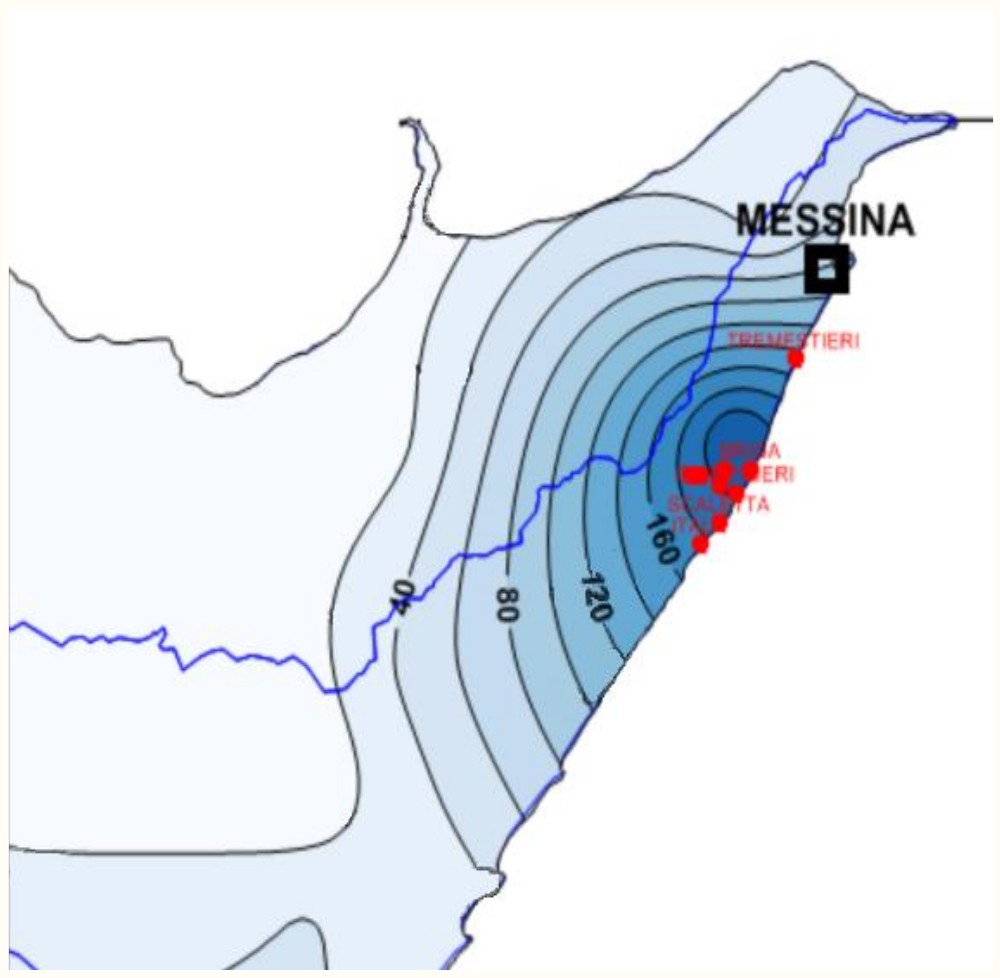 Mappa delle isoiete della pioggia cumulata nell’area ionica di Messina